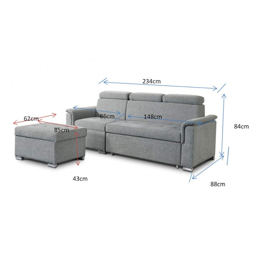 Canapé-lit avec péninsule de rangement et appuis-tête réglables en tissu gris tourterelle Boston