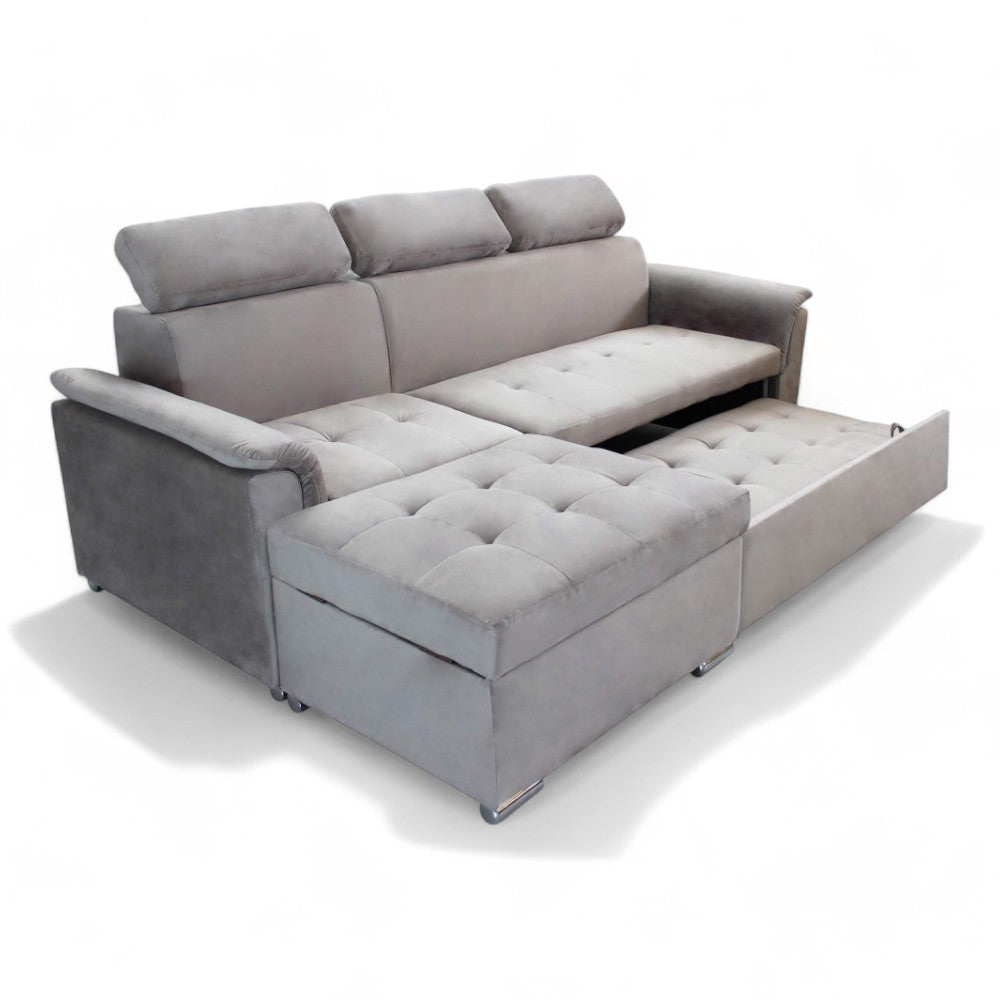 Canapé-lit avec péninsule de rangement et appuis-tête réglables en tissu gris tourterelle Boston