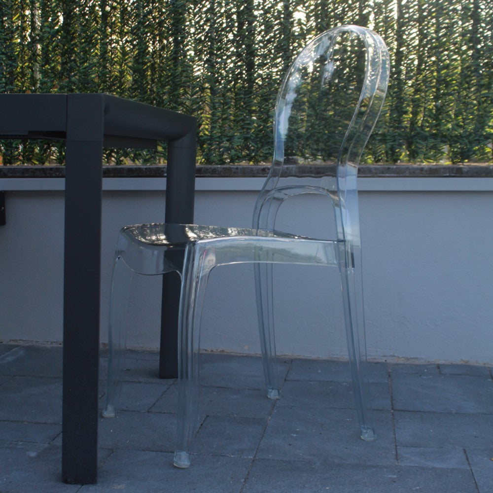 Sedia da pranzo trasparente in policarbonato con struttura resistente e design moderno dimensioni 46x55x98 cm per interni Levia