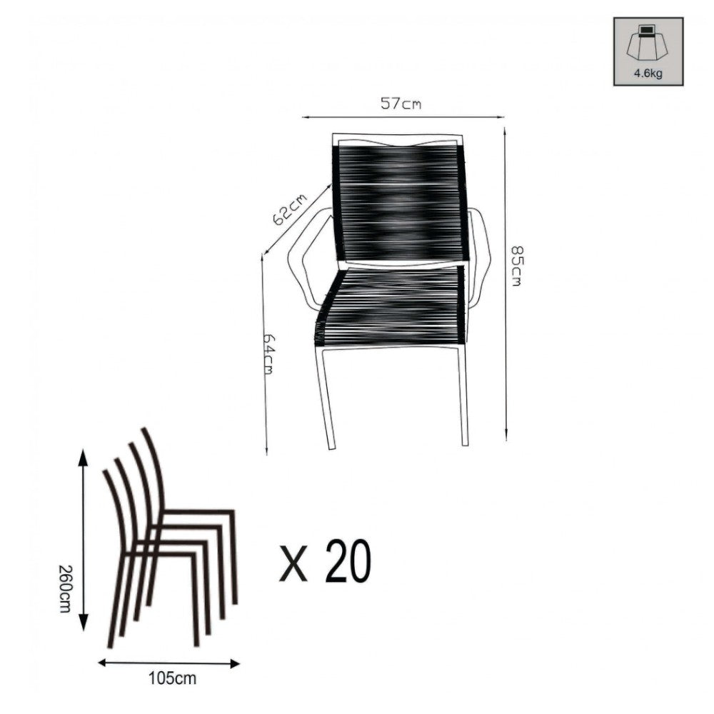 Fauteuil de jardin d'extérieur empilable avec structure en aluminium et assise en corde tressée Catania