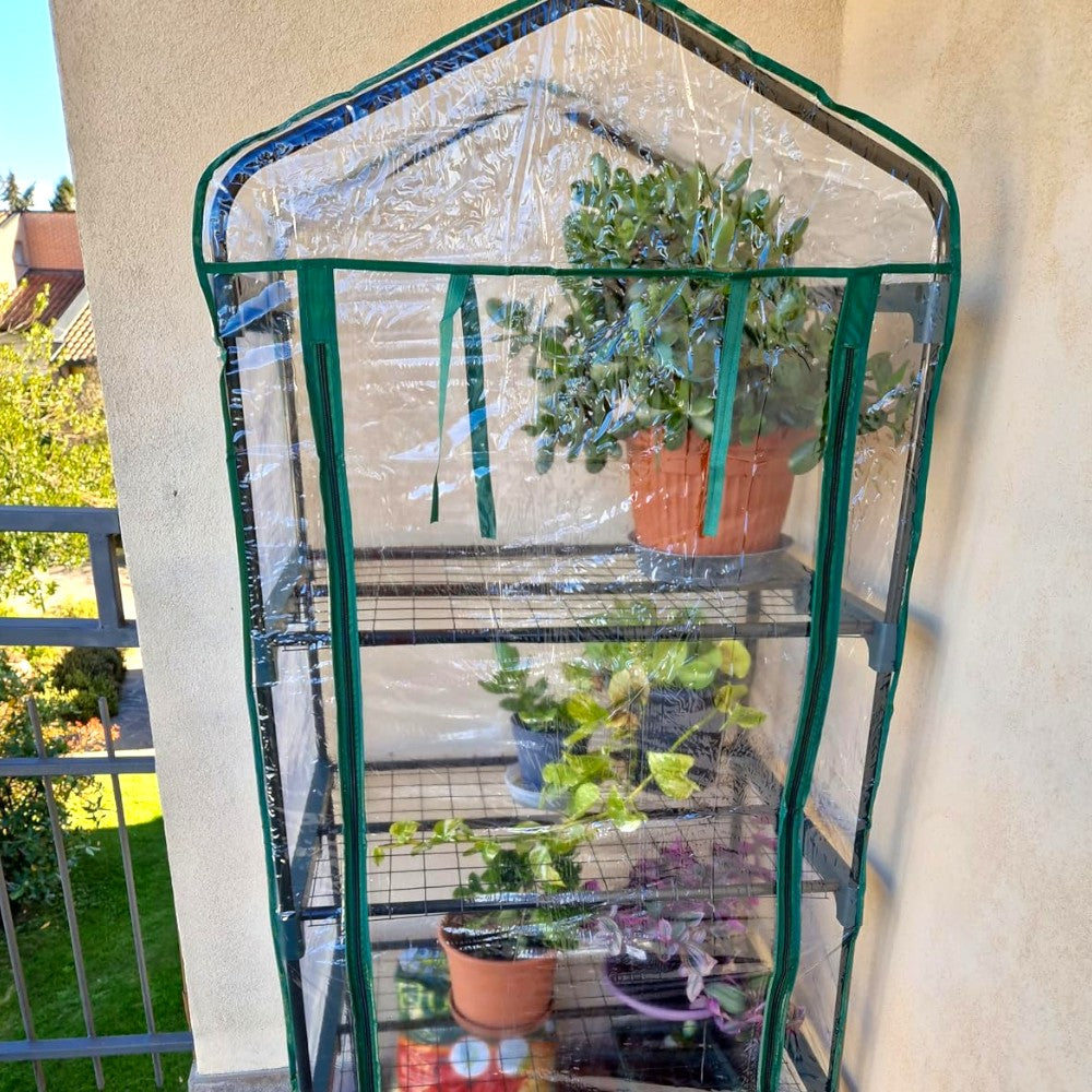 Serre balcon 4 étagères 70x50x155 cm avec structure en acier et tôle PVC anti-UV 