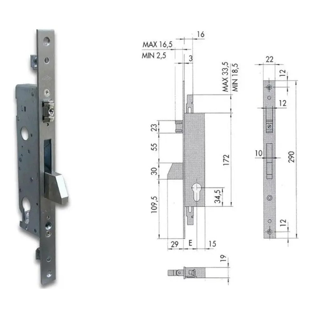 Serrure triple à mortaise pour montants avec équerre et pêne 46225 - mm.25 (46225250)