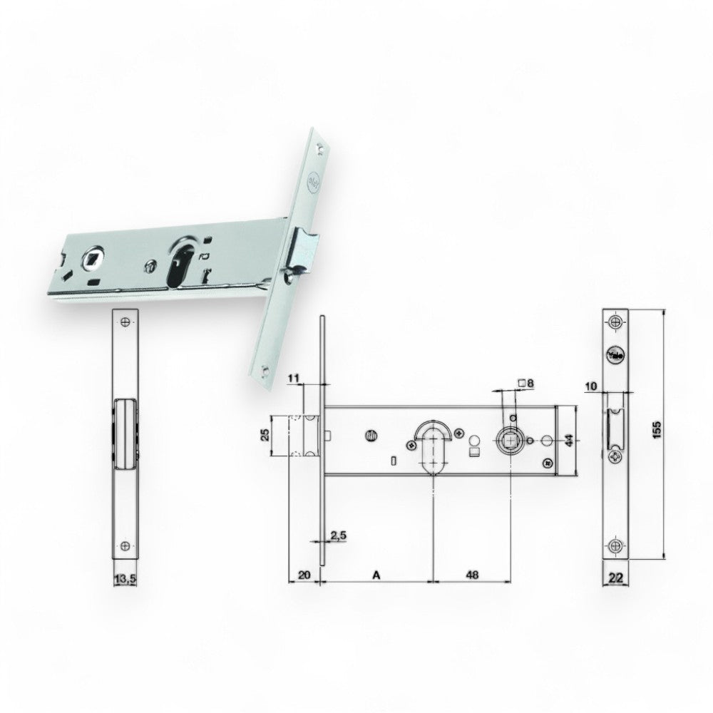 Serrure à mortaiser pour bandes à pêne dormant et pêne demi-tour 44 mm H 87500 - 58 mm à 1 portée (Y8750058080)