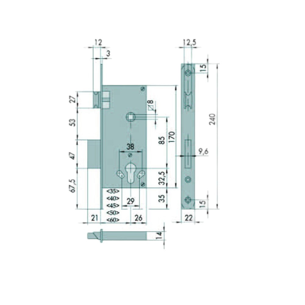 Serrure à mortaise à cylindre à 2 mains. Bord carré 5C110 - mm.35 (5C110350)