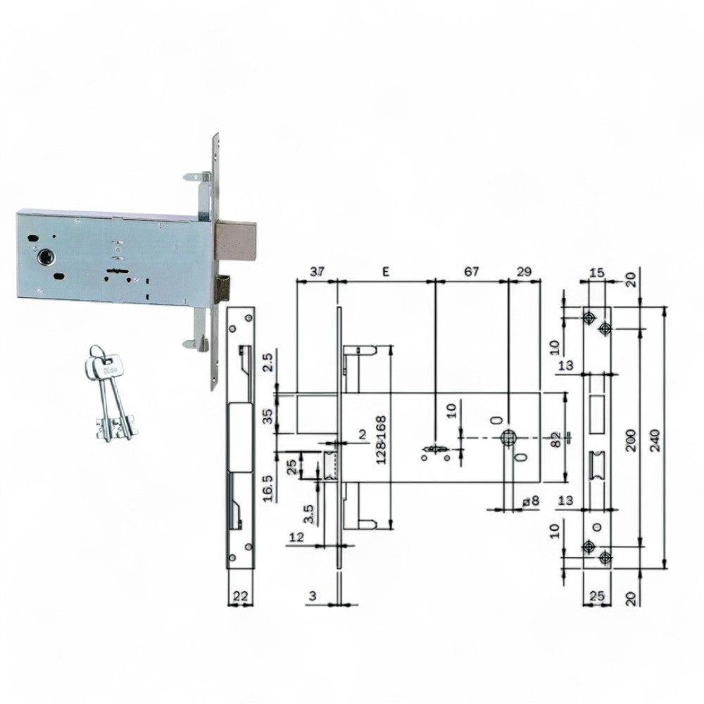 Serrure à double embout triple mortaise pour bandes 82 mm H 983 - 90 mm (983901BFZ)