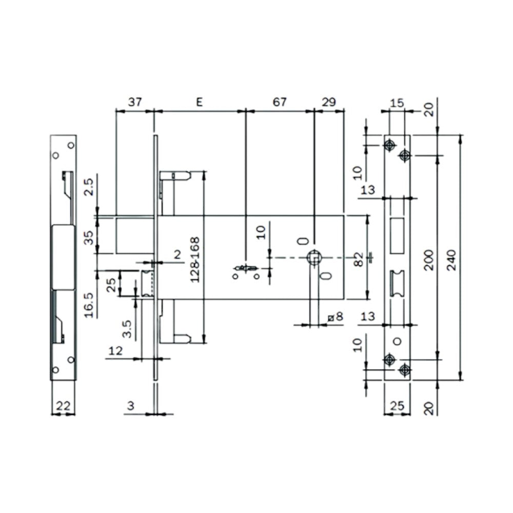 Serrure à double embout triple mortaise pour bandes 82 mm H 983 - 90 mm (983901BFZ)