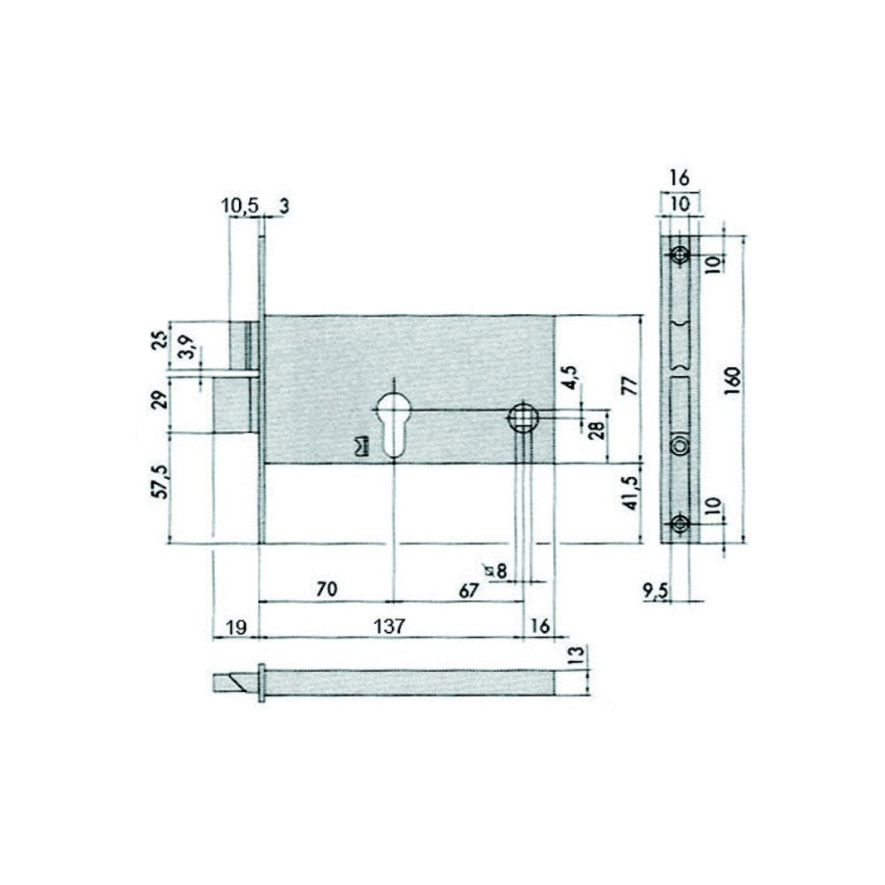 Serrure à mortaise pour bandes à pêne dormant et pêne demi-tour 77 mm H 44360 - 70 mm (44360700)