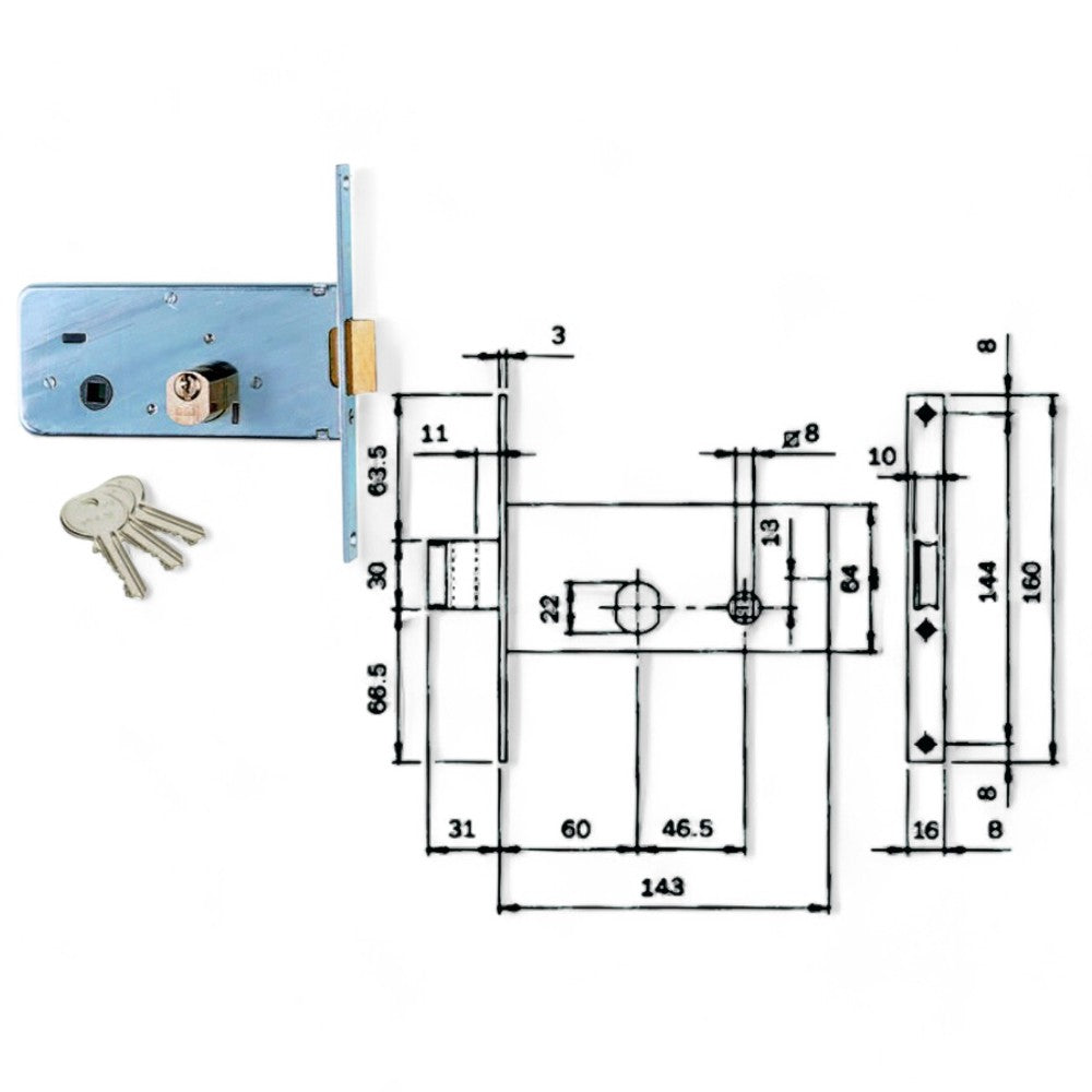 Serrure à mortaise pour bandes à pêne dormant et pêne demi-tour 64 mm H 712 - 60 mm (712601)
