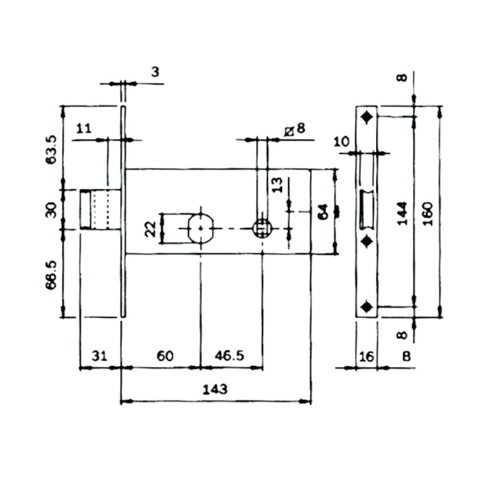 Serrure à mortaise pour bandes à pêne dormant et pêne demi-tour 64 mm H 712 - 60 mm (712601)