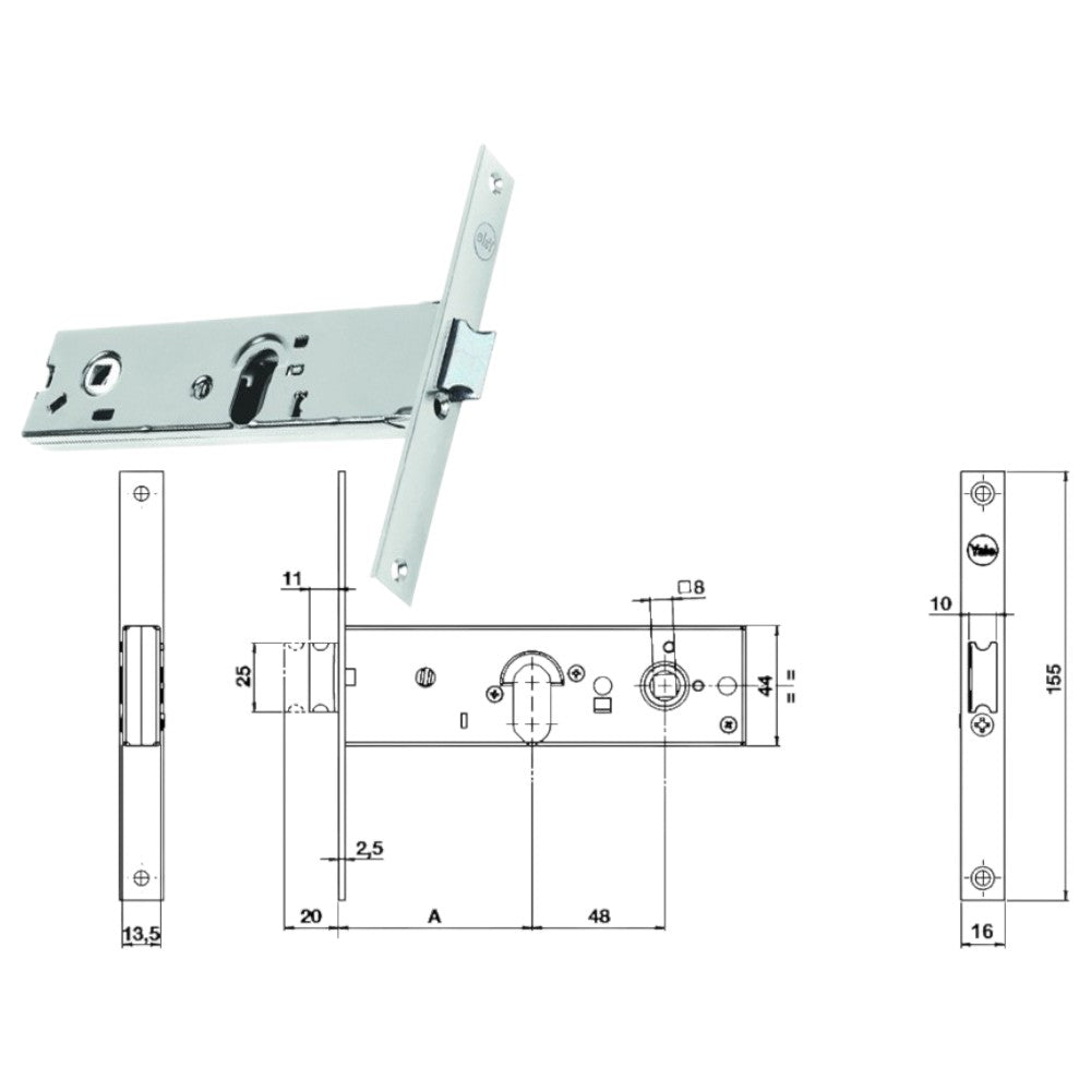 Serrure à mortaiser pour bandes à pêne dormant et pêne demi-tour 44 mm H 87000 - 58 mm à 1 portée (Y8700058080)