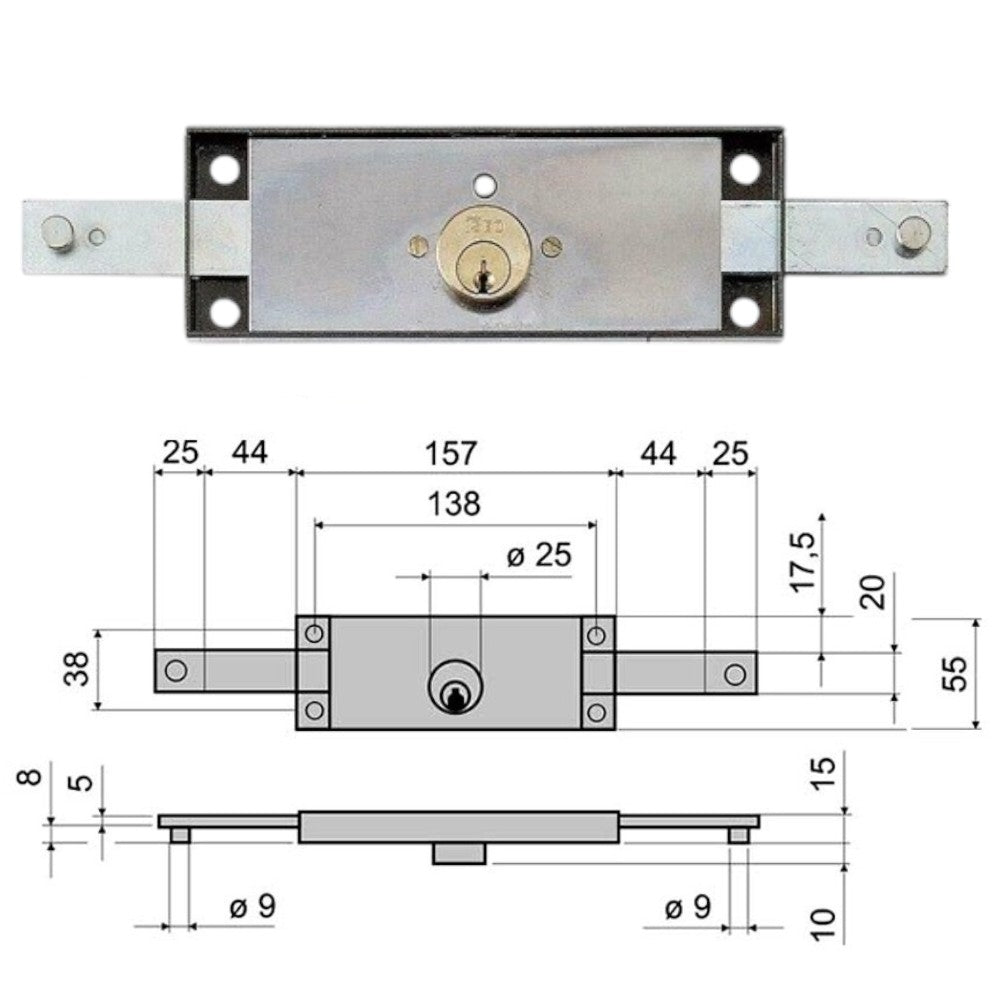 Serrure centrale pour volet roulant avec cylindre rond fixe 641 - mm.157x10x55h. (641010)