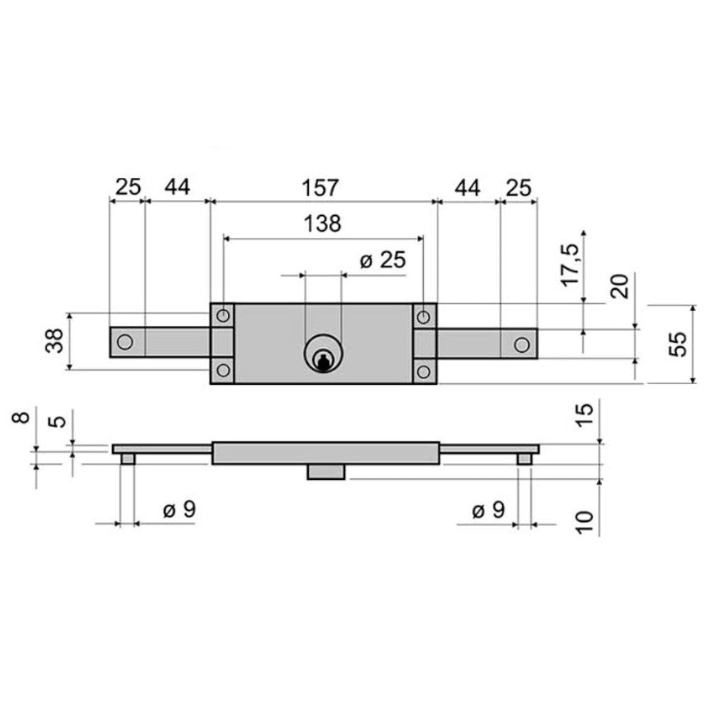 Serrure centrale pour volet roulant avec cylindre rond fixe 641 - mm.157x10x55h. (641010)