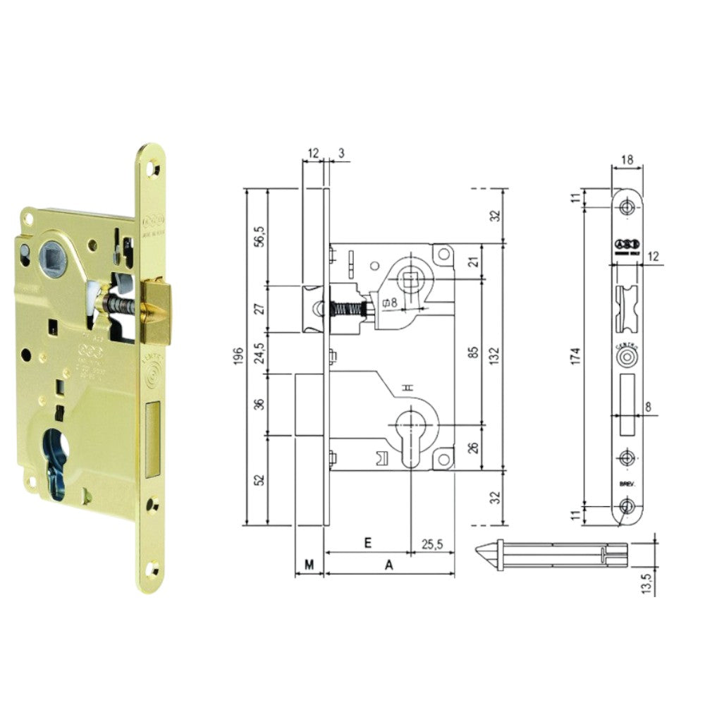 Serrure centrale avec trou de cylindre à bord rond laitonné - bord en acier laitonné 50 mm (1025.50.03)