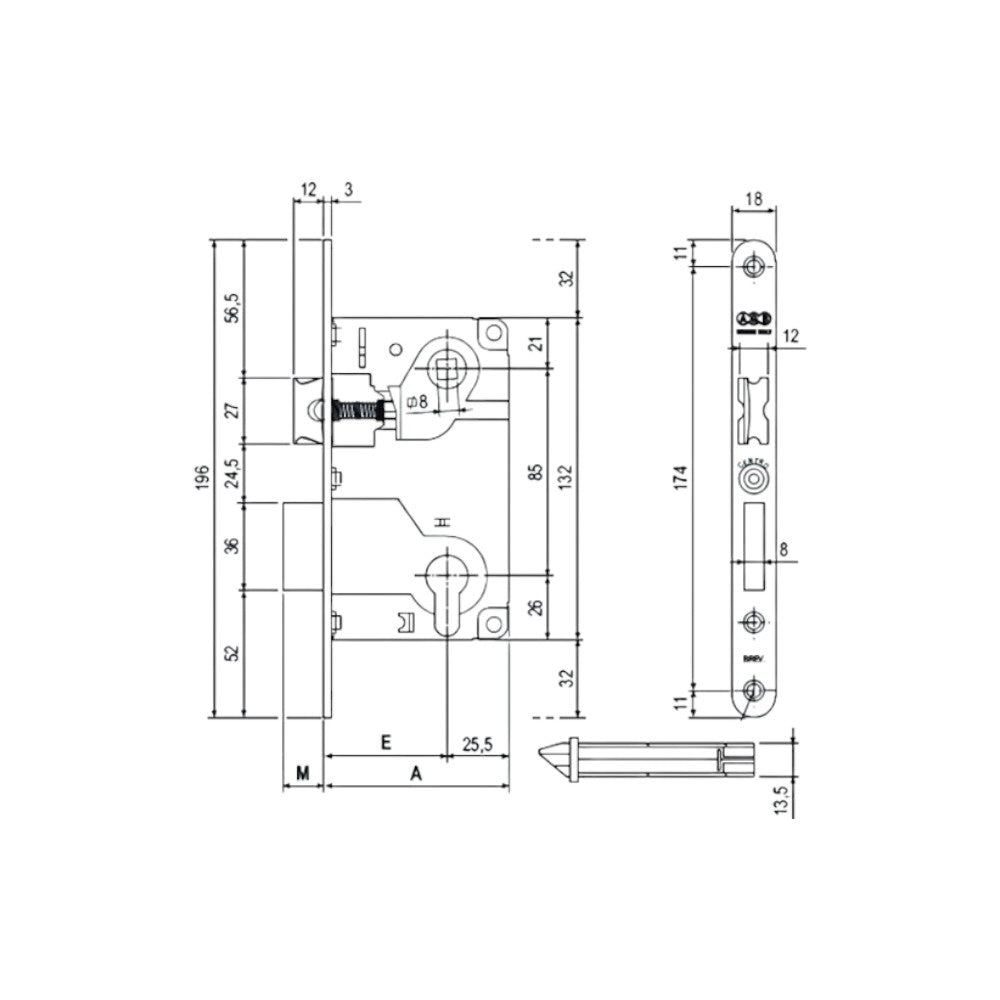 Serrure centrale avec trou de cylindre à bord rond laitonné - bord en acier laitonné 50 mm (1025.50.03)