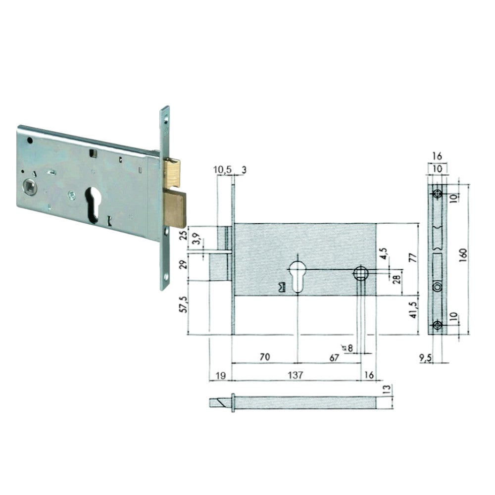 Serrure à mortaise pour bandes à pêne dormant et pêne demi-tour 77 mm H 44360 - 70 mm (44360700)