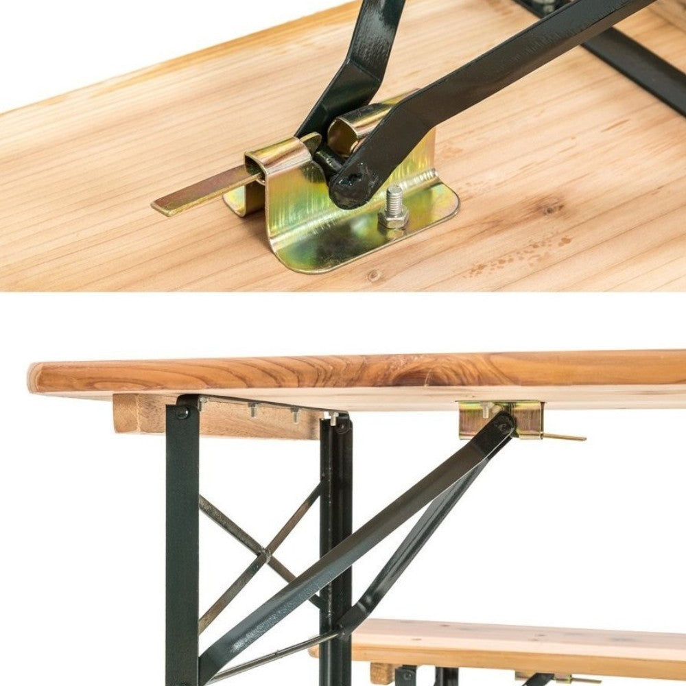 Set Birreria in legno di abete con struttura in ferro e gambe pieghevoli 220x70xH75 cm