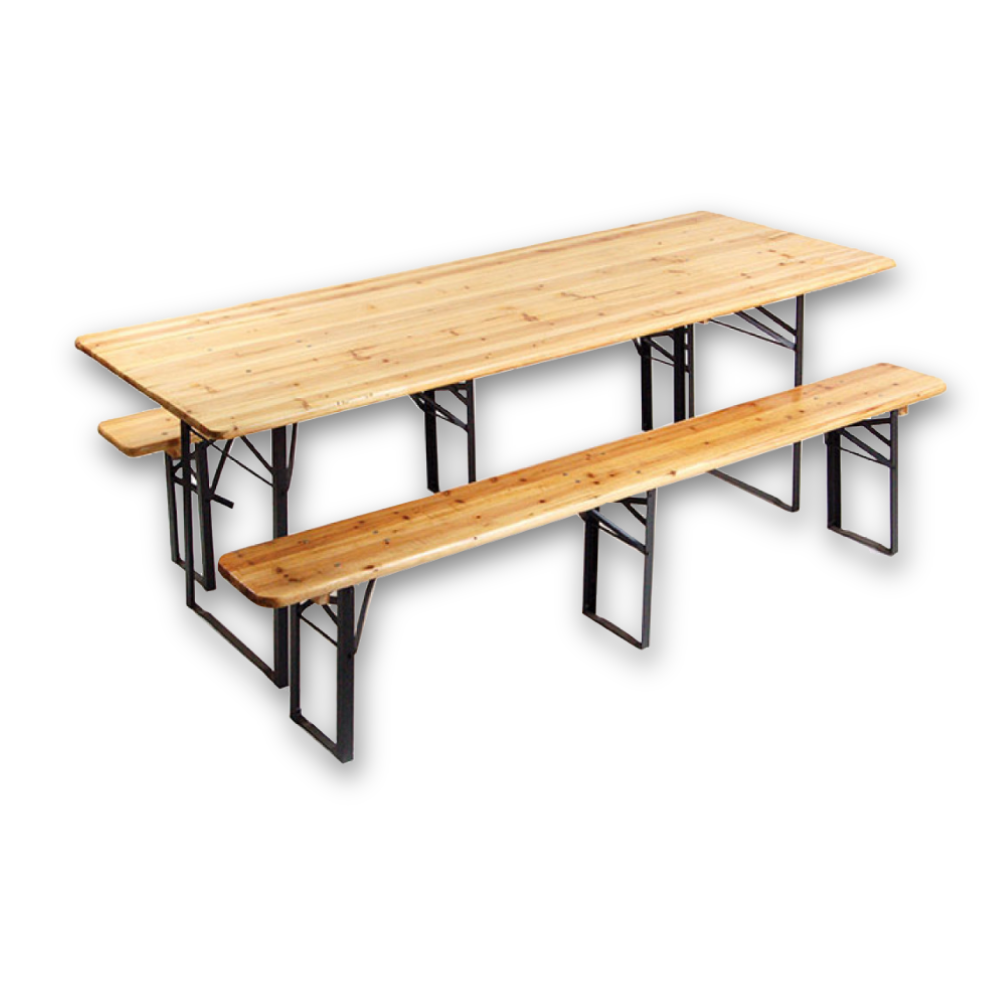 Set Birreria in legno di abete con struttura in ferro e gambe pieghevoli 220x70xH75 cm