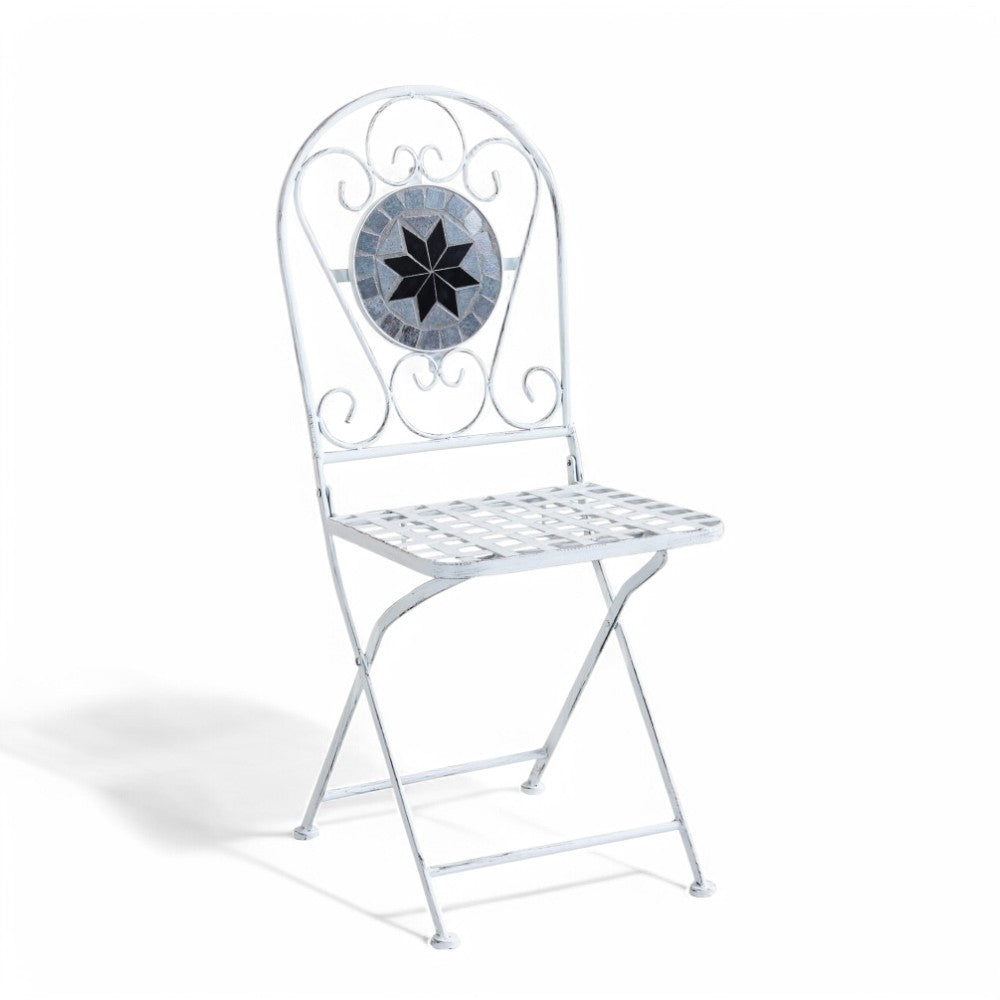 Ensemble bistro pliable composé de 1 table et 2 chaises en acier à décors mosaïque Noir&Blanc
