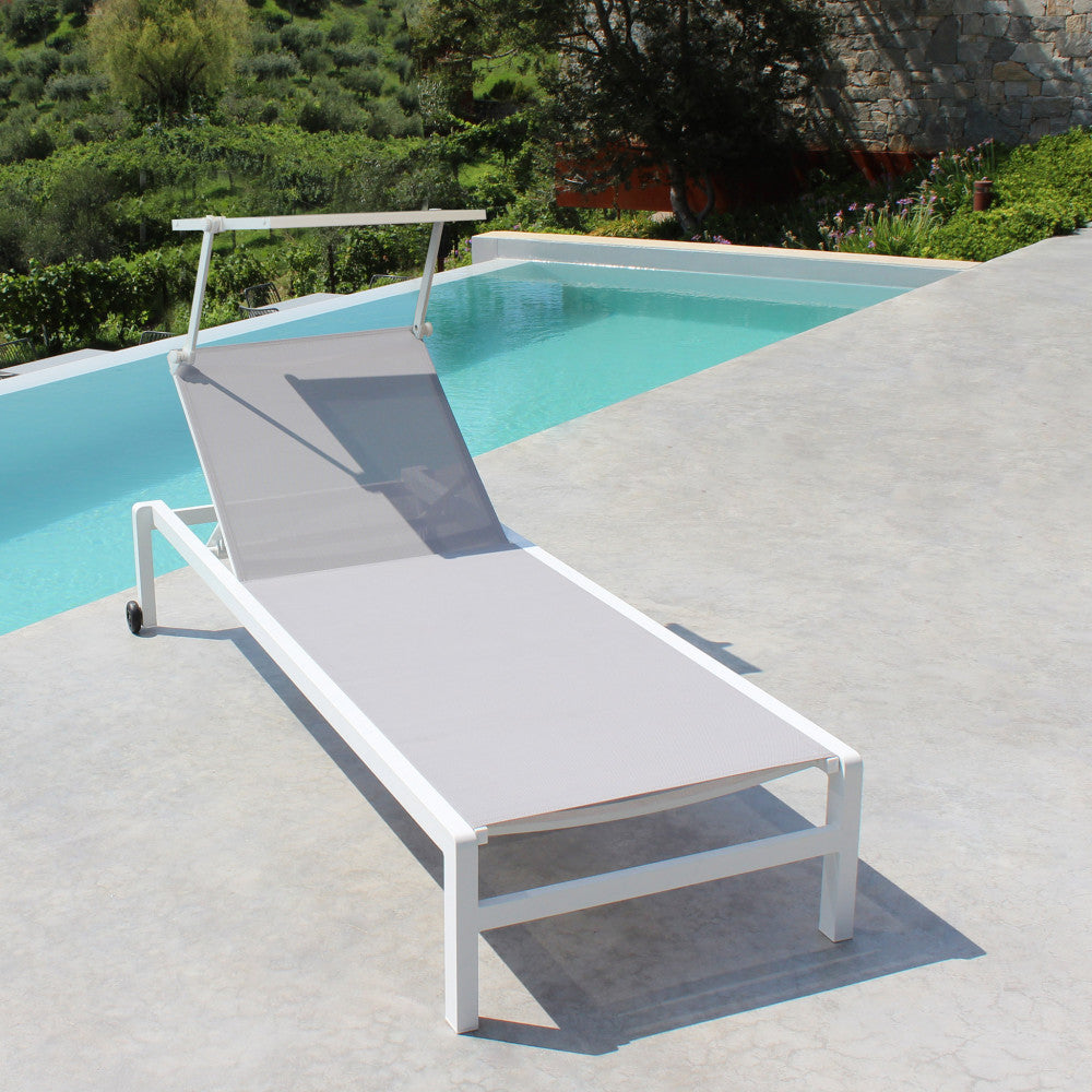 Lettino prendisole regolabile con tettuccio struttura in alluminio e tessuto in textilene bianco e grigio 195x78xH32 cm