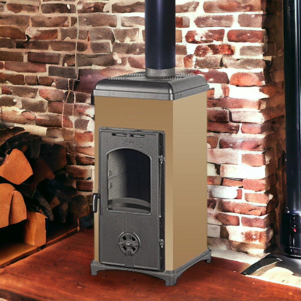 Poêle à bois de 6,3 kW avec structure en acier et intérieur en fonte avec plaque radiante K2 