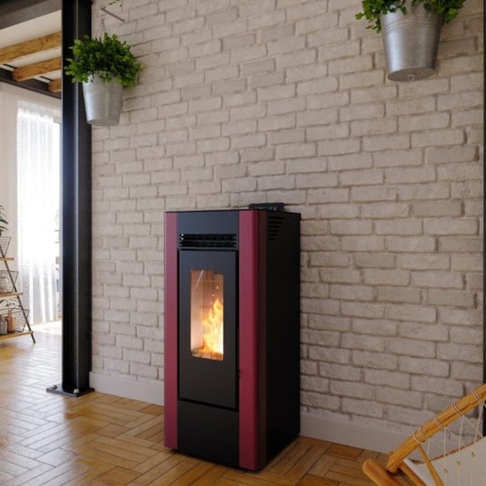 Stufa a pellet ventilata canalizzata in acciaio 11.61 Kw bordeaux e nera 47x46xH102 cm A+ Clever