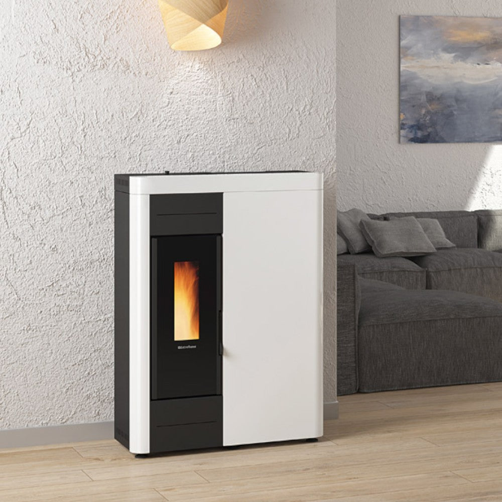 Poêle à granulés Virna Idro 14,5 Kw Blanc (Compte Thermique) - mesure 79,3x38,4x110,5h cm. poids 151 kg