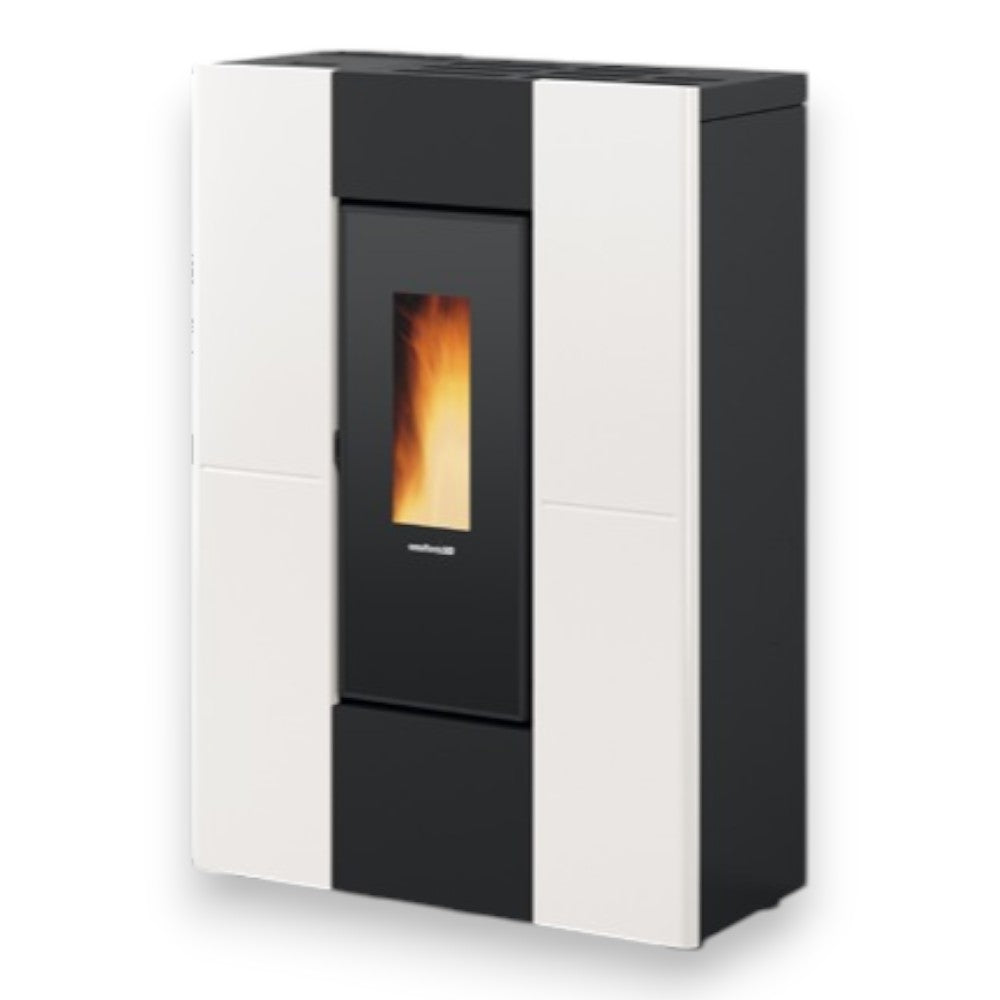 Poêle à pellets Marilena Plus avec canalisation. 8,0 Kw Blanc (Compte Thermique) - mesure 75x35,2x107,7h cm. - poids 119 kg