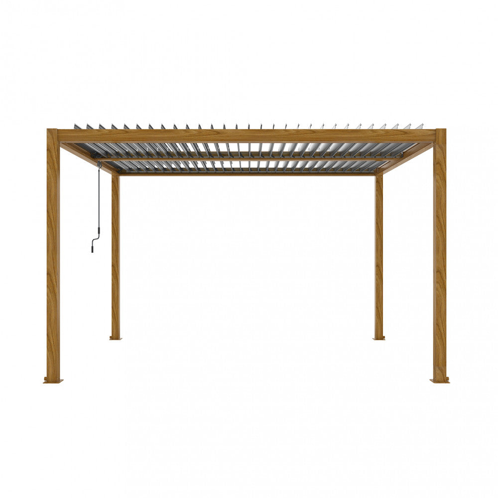 Pergola bioclimatica 3x4 in alluminio marrone effetto legno con lamelle frangisole orientabili a movimentazione manuale Velaris