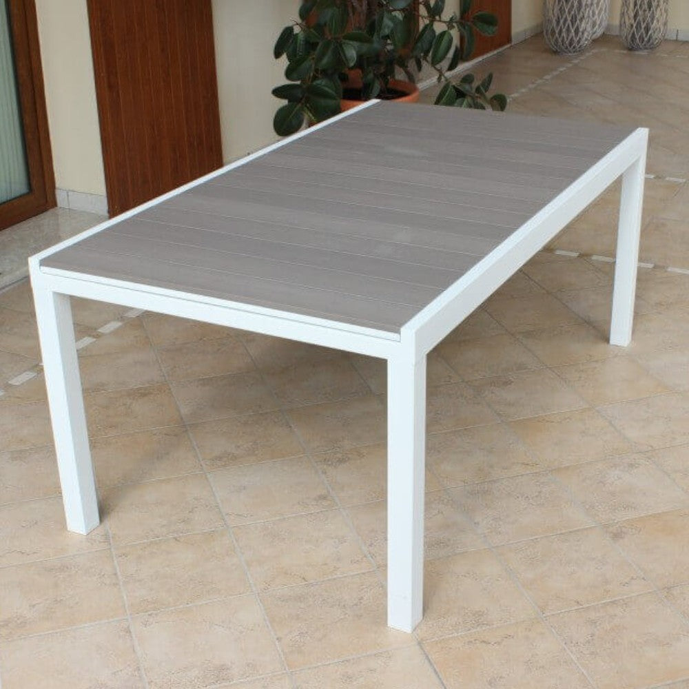 Table d'extérieur extensible 180/240 cm avec structure en aluminium et plateau en polywood effet bois avec lattes Futy