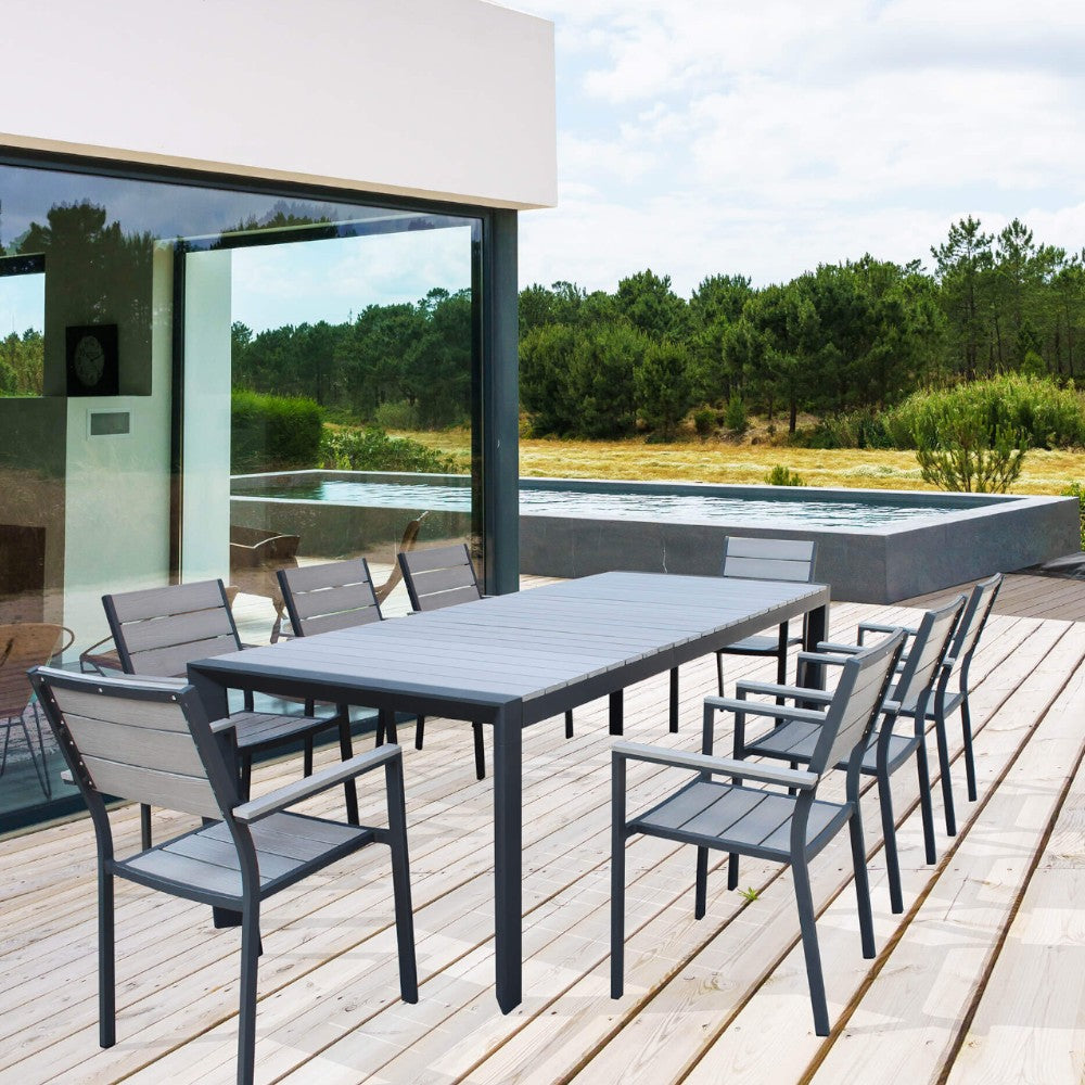 Table d'extérieur extensible avec structure en aluminium et plateau effet lattes médianes