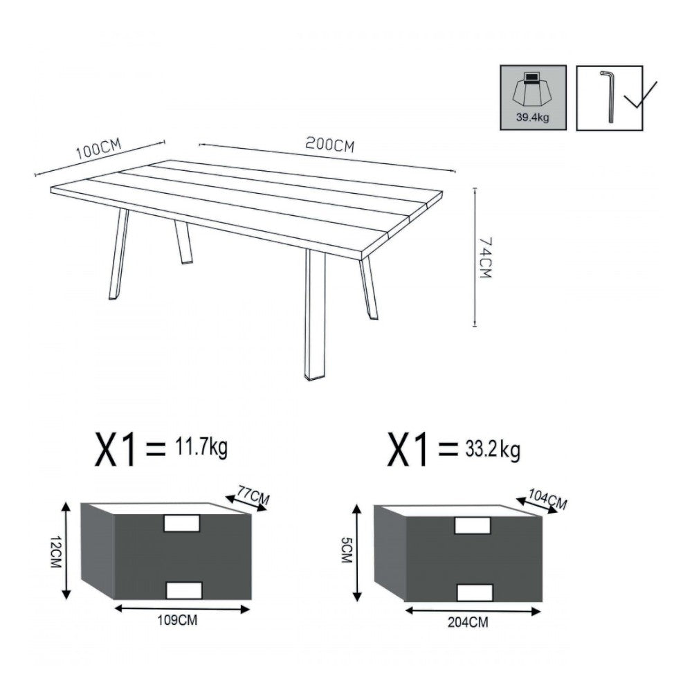 Table de jardin d'extérieur 200x100 cm avec structure en aluminium et plateau en bois de teck avec lattes Antigua