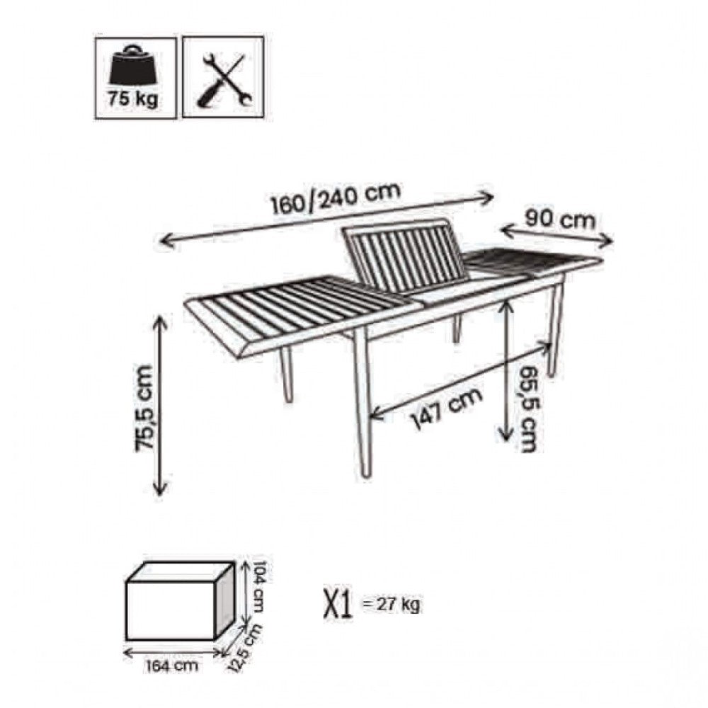 Table d'extérieur extensible 160/240 cm avec structure et plateau en aluminium effet lattes Rigel