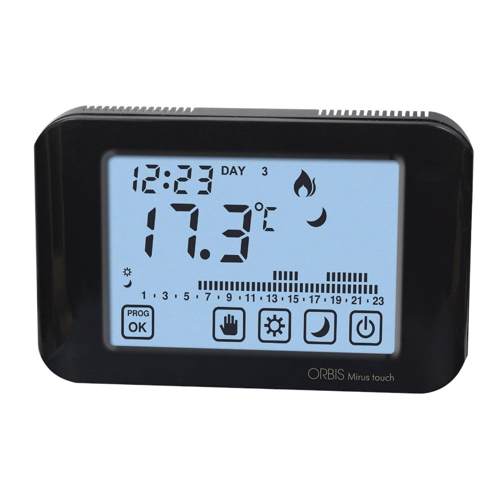 Cronotermostato digitale touch screen nero programmabile giornalmente e settimanalmente retroilluminato Mirus Touch