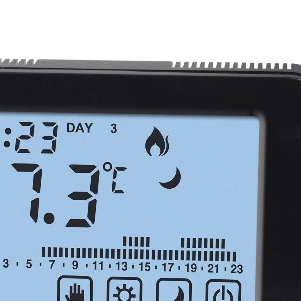 Cronotermostato digitale touch screen nero programmabile giornalmente e settimanalmente retroilluminato Mirus Touch
