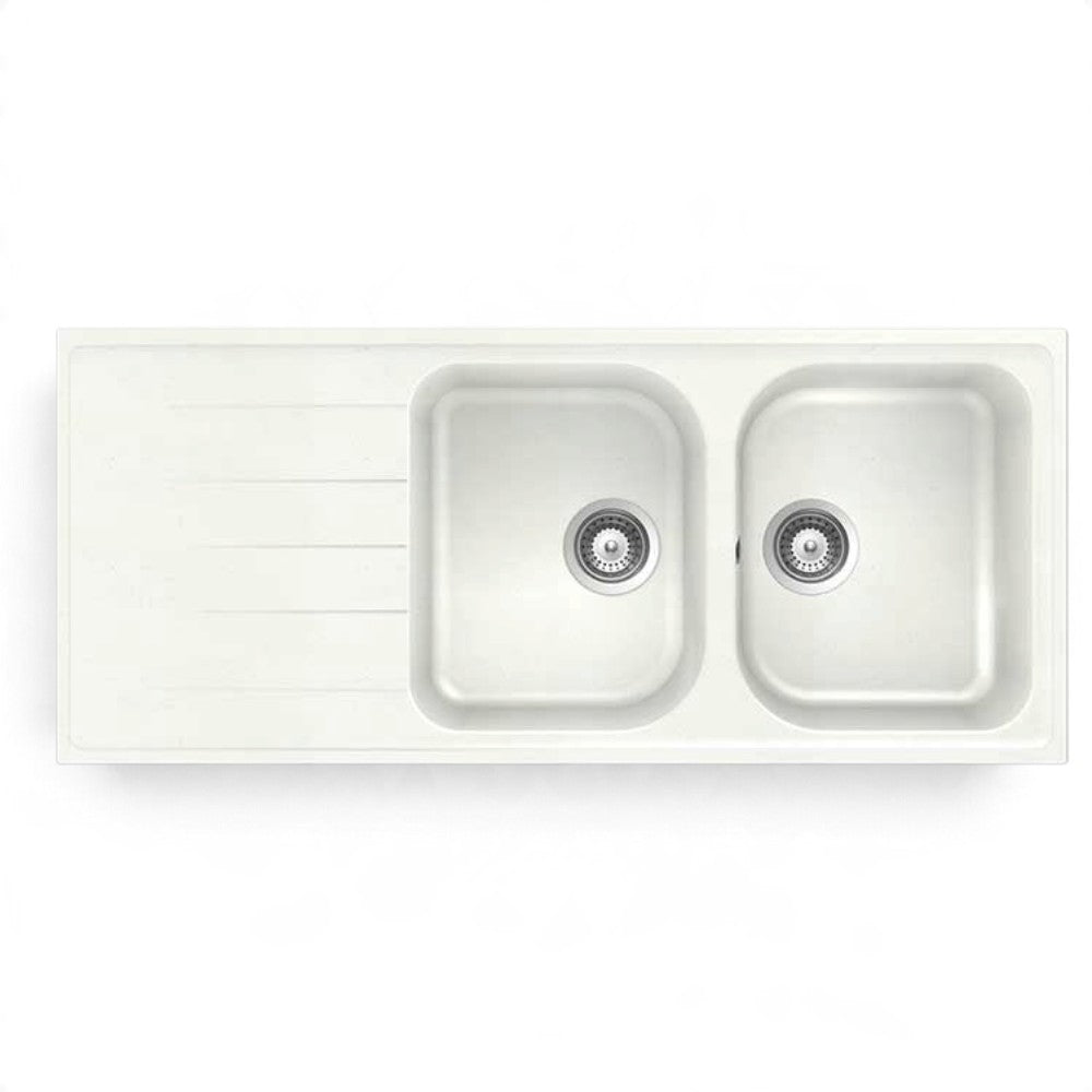 Lavello sintetico due vasche con gocciolatoio a incasso bianco 116x50 cm montabile doppio verso
