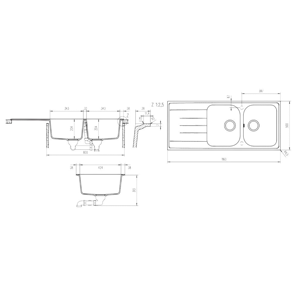 Lavello sintetico due vasche con gocciolatoio a incasso bianco 116x50 cm montabile doppio verso