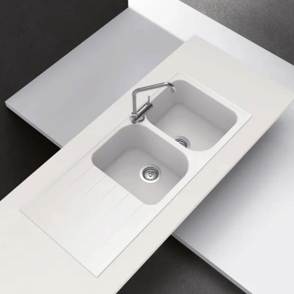 Lavello sintetico due vasche con gocciolatoio a incasso bianco 116x50 cm montabile doppio verso