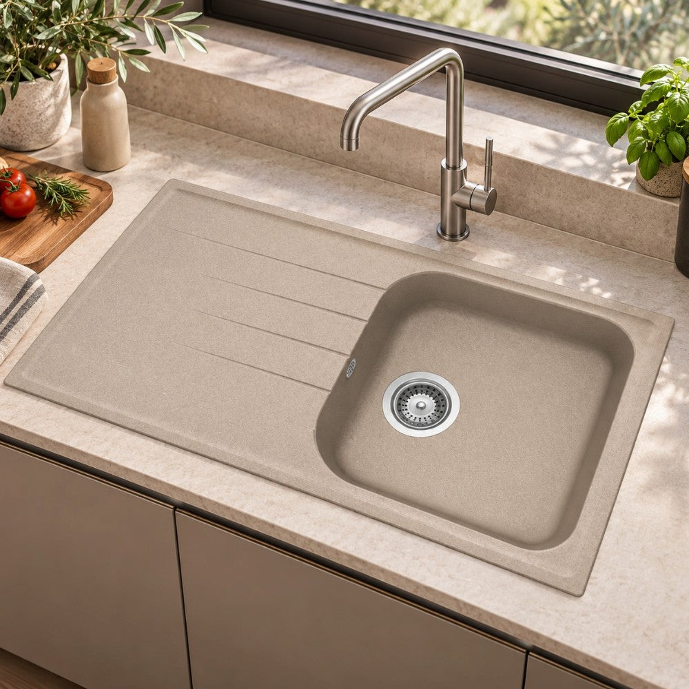 Lavello cucina sintetico a incasso avena con 1 vasca e gocciolatoio Lithos