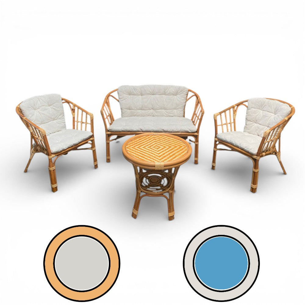 Salotto da esterno 4 posti con cuscini imbottiti e struttura in legno wicker