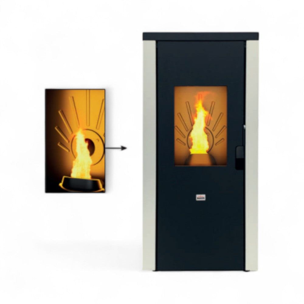 Stufa a pellet in acciaio 7 Kw con uscita fumi posteriore e dispositivo antiscoppio A+ Queen 77 EVO 5.0