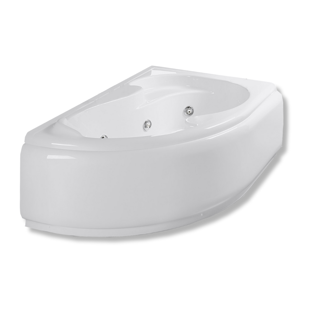 Vasca da bagno idromassaggio asimmetrica in acrilico bianco con telaio pannelli e colonna di scarico 150x100 cm
