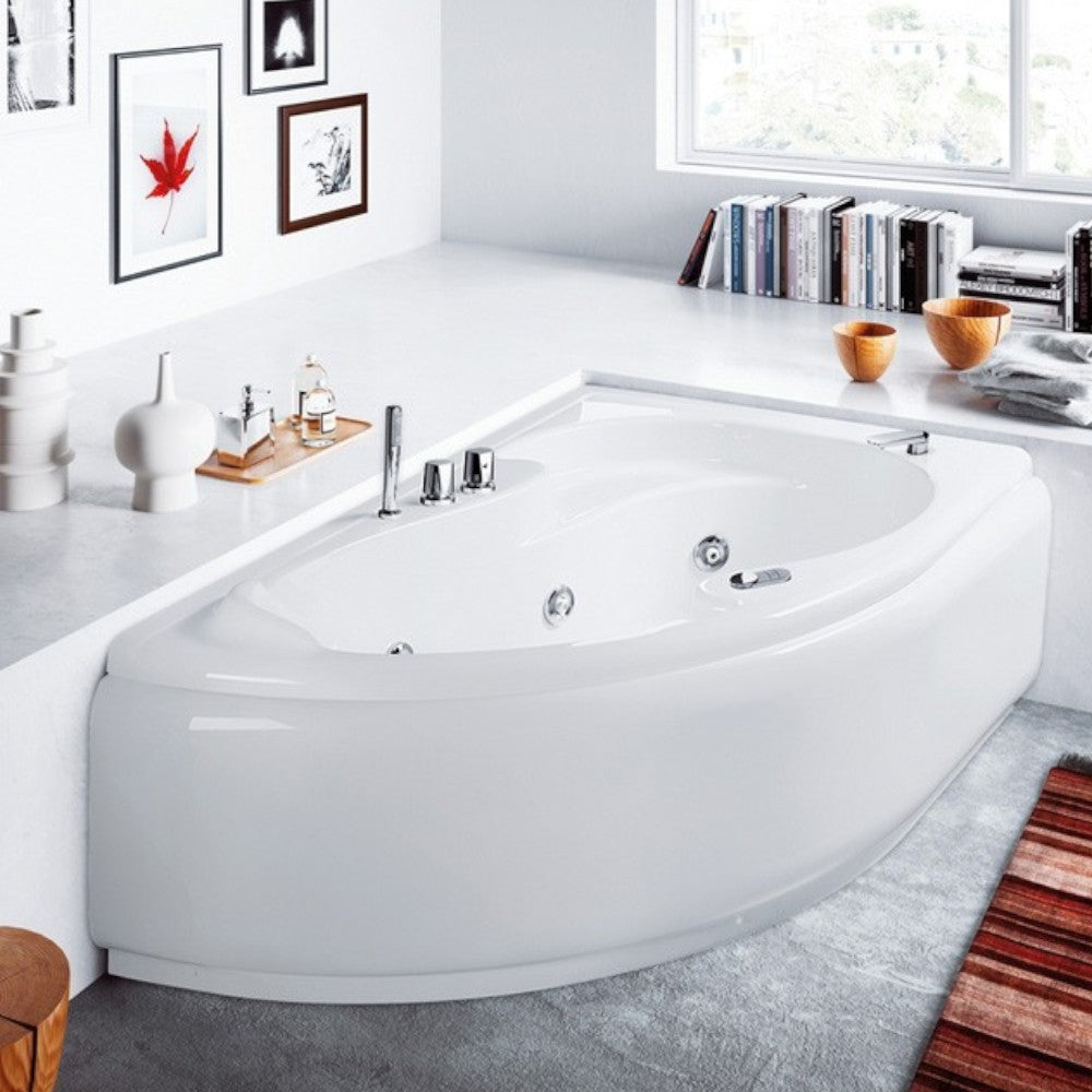 Vasca da bagno idromassaggio asimmetrica in acrilico bianco con telaio pannelli e colonna di scarico 150x100 cm
