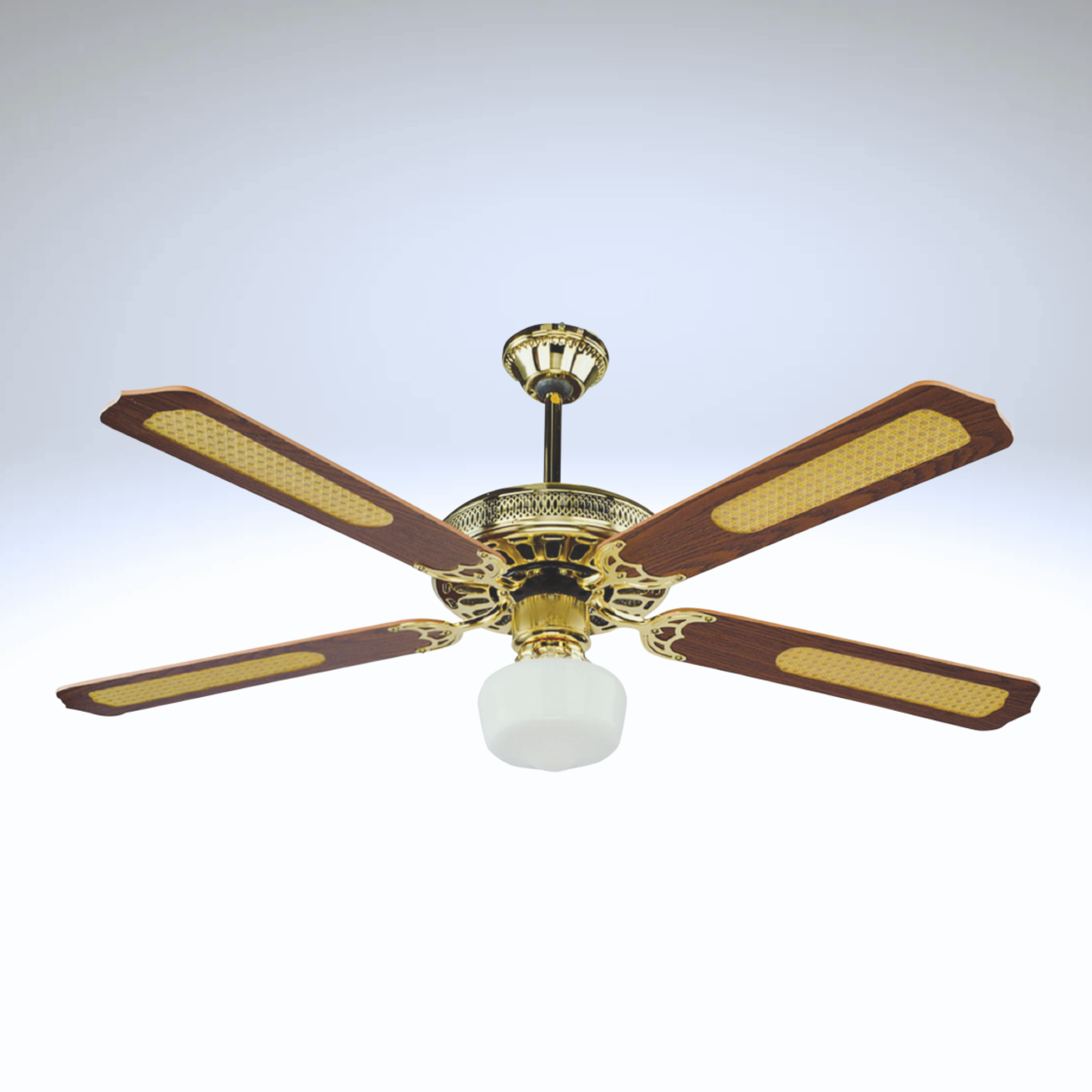 Ventilateur de plafond avec plafonnier 4 pales en laiton et bois finition paille, diamètre 130 cm