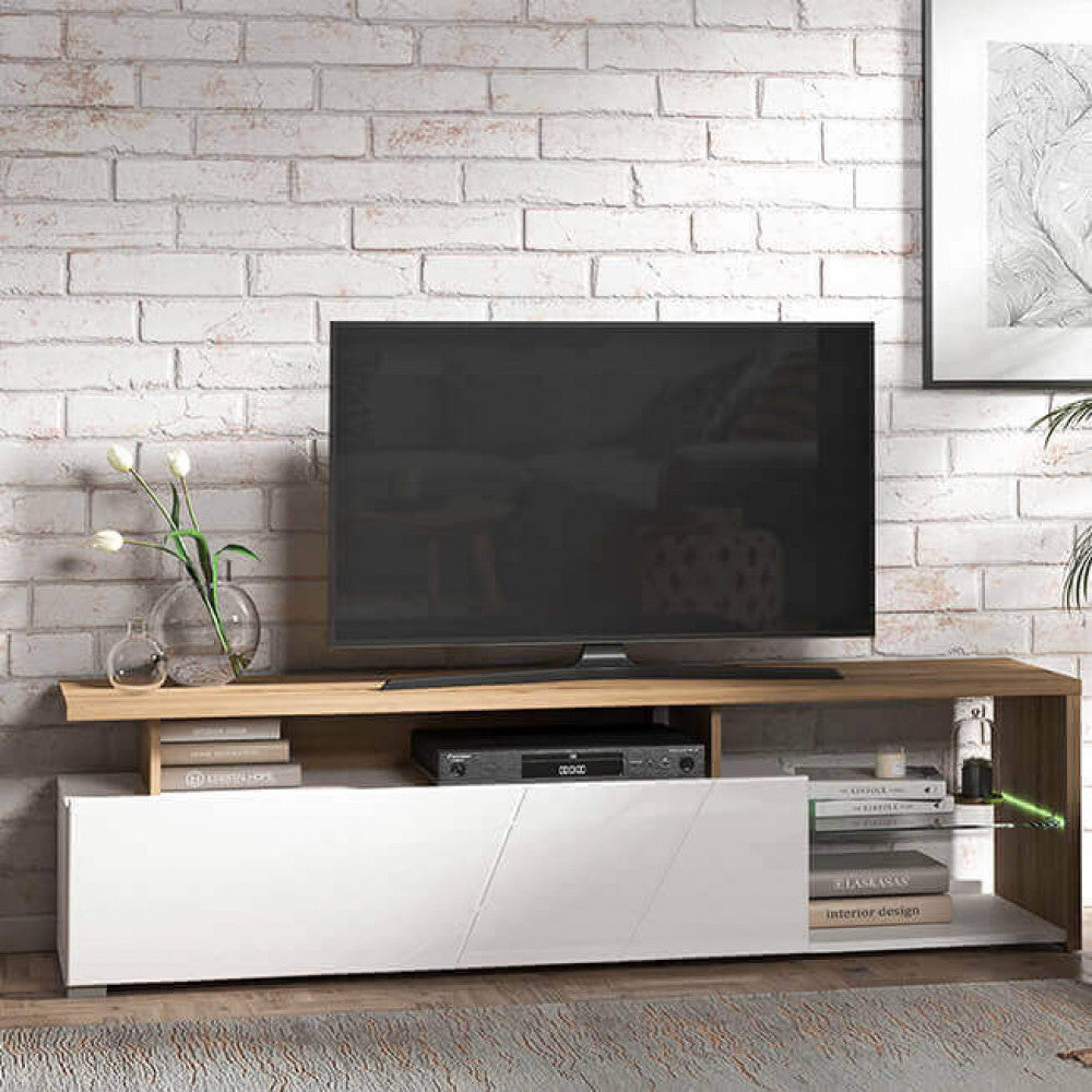 Élégant meuble TV en bois pour salon avec porte pliante blanche et étagère en verre Living TV