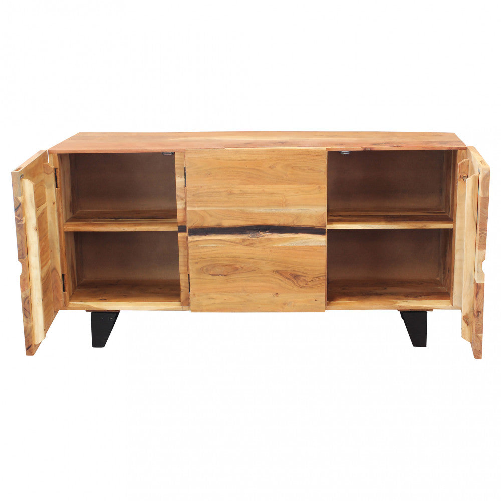 Buffet d'entrée de maison en bois d'acacia travaillé avec 3 portes et pieds en métal Kinde