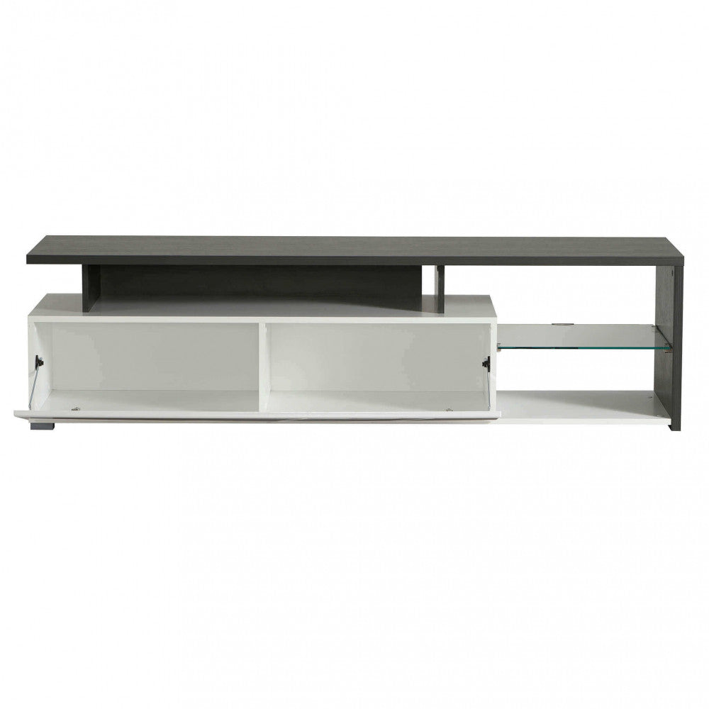 Élégant meuble TV en bois pour salon avec porte pliante blanche et étagère en verre Living TV