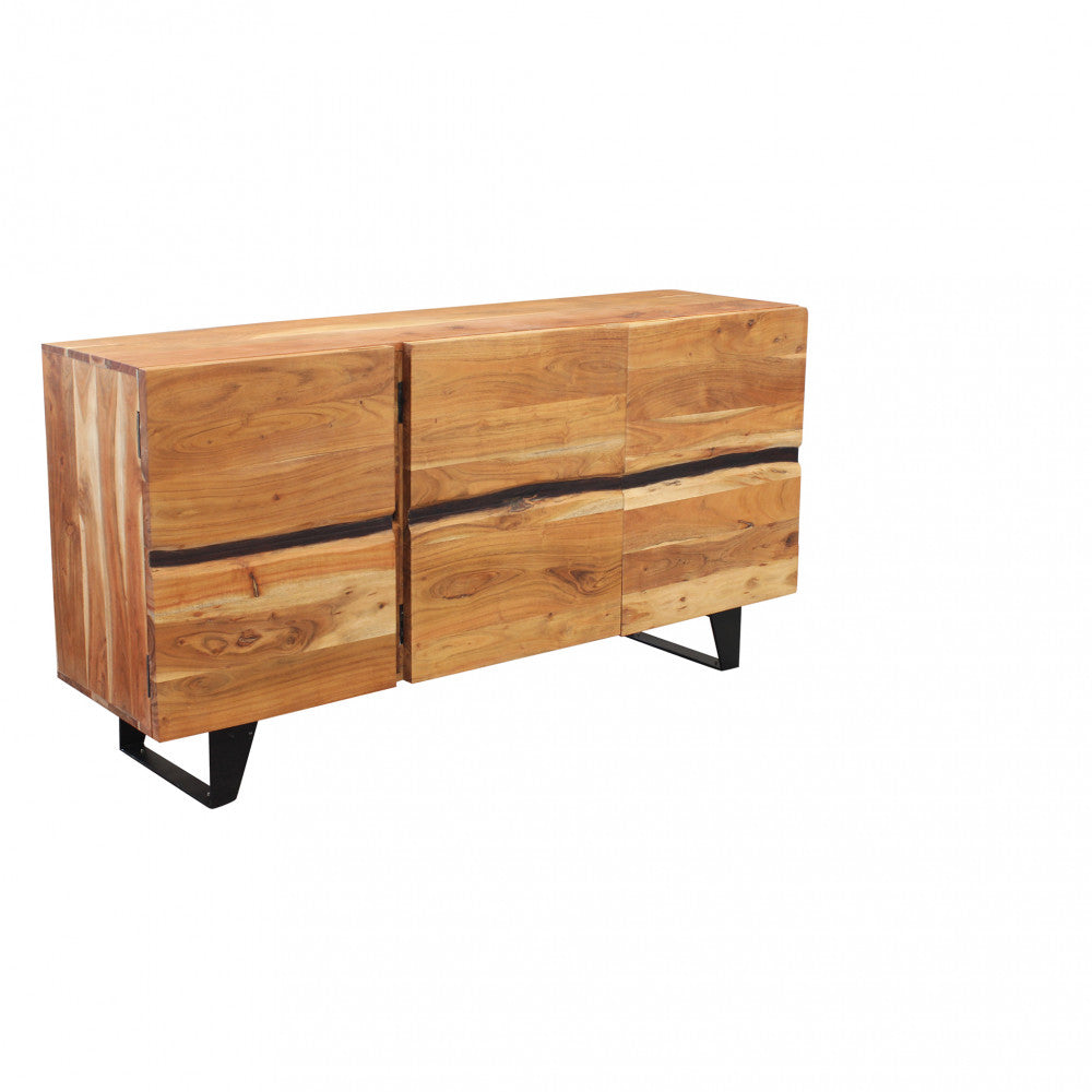 Buffet d'entrée de maison en bois d'acacia travaillé avec 3 portes et pieds en métal Kinde