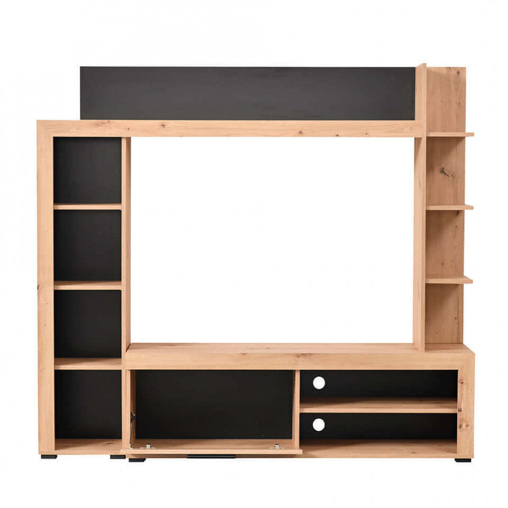 Élément mural TV de salon en bois avec 10 étagères et 1 porte abattante Jessy