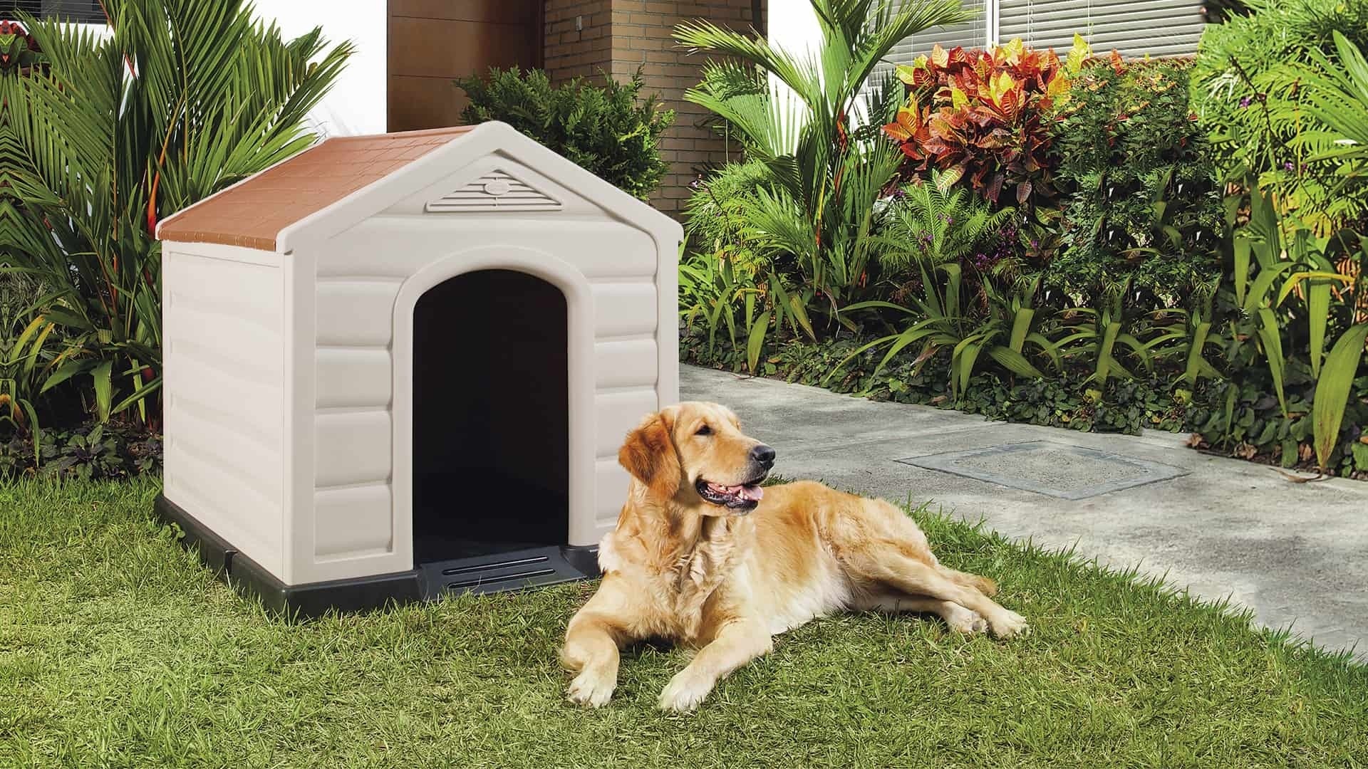 Cuccia per cani in resina Taglia Grande beige con tetto rosso Happy House Doggy Large