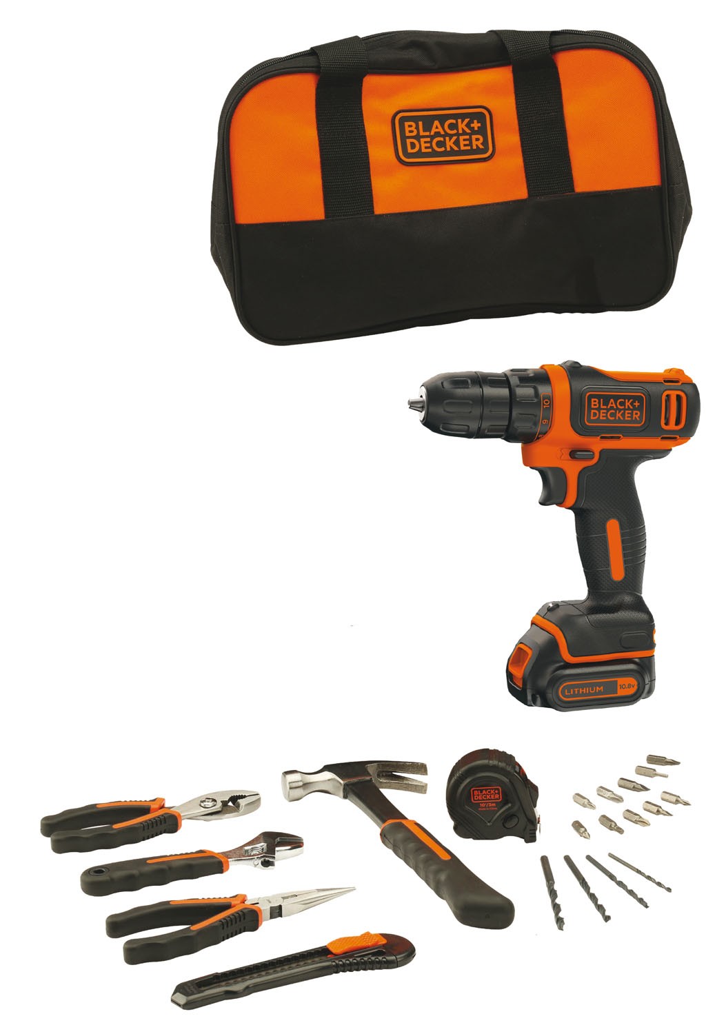 Trapano Avvitatore 10.8V Litio in borsa con 20 accessori ed utensili Black+Decker BDCDD12HTSA